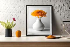 Minimal White Picture Frame Canvas Display With Flower in Vase photo