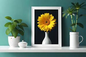 Minimal White Picture Frame Canvas Display With Flower in Vase photo