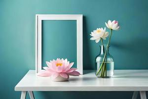 Minimal White Picture Frame Canvas Display With Flower in Vase photo