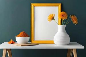 Minimal White Picture Frame Canvas Display With Flower in Vase photo