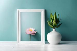 Minimal White Picture Frame Canvas Display With Flower in Vase photo