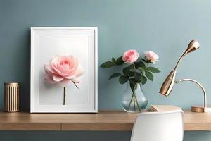 Minimal White Picture Frame Canvas Display With Flower in Vase photo