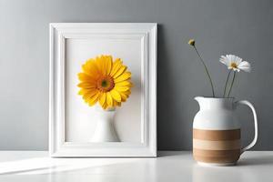 Minimal White Picture Frame Canvas Display With Flower in Vase photo