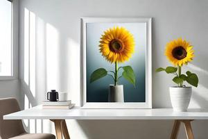 Minimal White Picture Frame Canvas Display With Flower in Vase photo