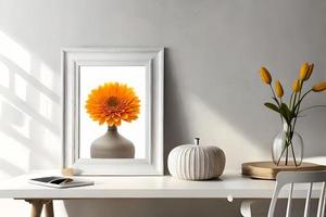 Minimal White Picture Frame Canvas Display With Flower in Vase photo