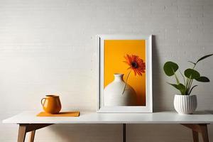 Minimal White Picture Frame Canvas Display With Flower in Vase photo