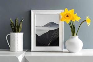 Minimal White Picture Frame Canvas Display With Flower in Vase photo