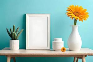 Minimal White Picture Frame Canvas Display With Flower in Vase photo