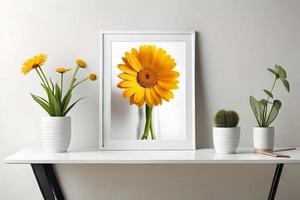 Minimal White Picture Frame Canvas Display With Flower in Vase photo