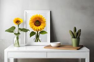 Minimal White Picture Frame Canvas Display With Flower in Vase photo