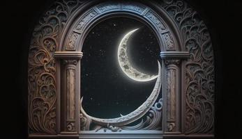 místico ventana con creciente Luna en noche cielo, islámico saludo eid Mubarak para musulmán vacaciones. eid-ul-adha festival celebracion. Arábica Ramadán Kareem, generar ai foto