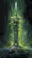 a large picture of a green sword, in the style of melting, dark themes, michal lisowski, uhd image, aquarellist, herb trimpe, generat ai photo