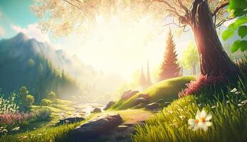 Nature landscape with trees, flowers, hills, and sunlight. Beautiful environment concept art for video games or fiction. Sunny spring forest background. Illustration by . Free image. photo