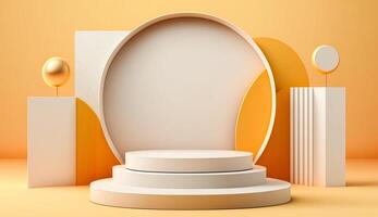 Abstract white podium or platform with space for product presentation or advertising concept. Empty display stage with orange background. Free realistic 3d illustration scene by . photo
