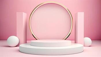 Minimal white podium or platform with space for product presentation or advertising concept. Empty display stage with pink background. Free realistic 3d illustration scene by . photo