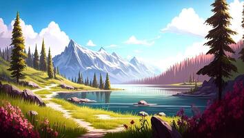 Nature landscape with trees, flowers, hills, lake, and warm sunlight. Beautiful and peaceful environment wallpaper. Sunny spring forest background. Free painting style illustration by . photo