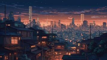 The landscape of the city at night time. Cityscape with houses and buildings and the beautiful night sky. Video game concept art with anime style. Free illustration image by AI generated. photo