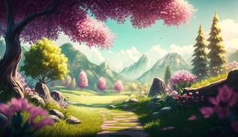 Colorful nature landscape with trees, flowers, and hills. Beautiful fantasy environment concept art for video games or fiction. Sunny spring forest background illustration by Ai generated. Free image. photo