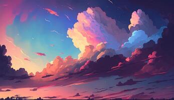 Colorful sky and dense clouds in the evening. Fantasy skyline for concept art. Beautiful twilight or dawn time wallpaper. The scenery of vivid nature background illustration by . photo