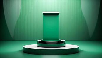 Abstract 3d rendering podium or platform with space for product presentation or advertising concept. Empty display stage with green background. Free realistic illustration scene by . photo