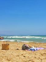 playa paisaje playa en un verano día, cesta con fiesta cosas foto