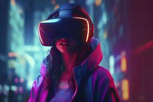 futuro digital tecnología juego y entretenimiento, adolescente teniendo divertido jugar vr virtual realidad mirada sorprendida, deporte juego 3d ciber espacio futurista neón vistoso inteligente ciudad fondo, 8k, generar ai foto