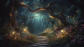 Magical fantasy fairy tale scenery, night in a forest, Generate Ai photo