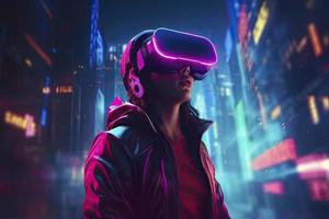 futuro digital tecnología juego y entretenimiento, adolescente teniendo divertido jugar vr virtual realidad mirada sorprendida, deporte juego 3d ciber espacio futurista neón vistoso inteligente ciudad fondo, 8k, generar ai foto