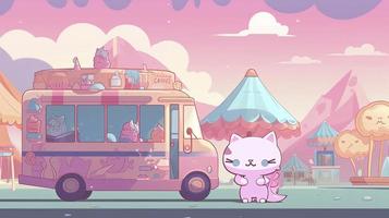 a 2D animated kawaii scene, a cute chibi cat standing in front of an ice cream truck, 2D cartoon style, generat ai photo