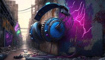 . . Cyberpunk Sunthwave Headphones. Future inspirational. Graphic Art photo