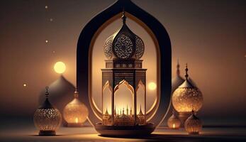 Islamic holiday Ramadan kareem event background, decorate with Arabic lantern, moon, crescent, and mosque dome, festive greeting card design, Eid Mubarak scene, with . photo