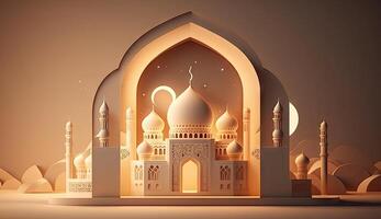 Islamic holiday Ramadan kareem event background, decorate with Arabic lantern, moon, crescent, and mosque dome, festive greeting card design, Eid Mubarak scene, with . photo