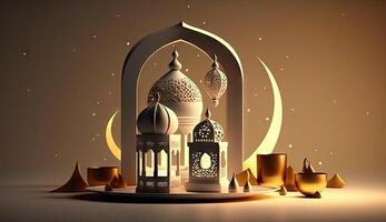 Islamic holiday Ramadan kareem event background, decorate with Arabic lantern, moon, crescent, and mosque dome, festive greeting card design, Eid Mubarak scene, with Generative AI. photo