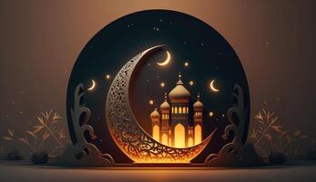 Islamic holiday Ramadan kareem event background, decorate with Arabic lantern, moon, crescent, and mosque dome, festive greeting card design, Eid Mubarak scene, with . photo