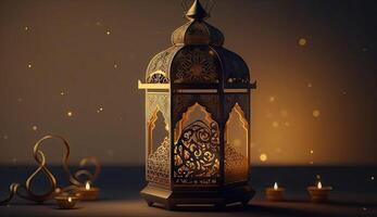 Islamic holiday Ramadan kareem event background, decorate with Arabic lantern, moon, crescent, and mosque dome, festive greeting card design, Eid Mubarak scene, with . photo