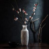 flowering pink cherry branch in vase on white background created using photo