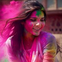 Portrait of happy indian girl in traditional hindu sari on holi color created using photo