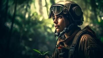 women soldier with mask and helmet in dark forest created using photo