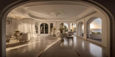 hermosa y grande vivo habitación interior con madera dura pisos y abovedado techo en nuevo lujo hogar creado utilizando generativo ai foto