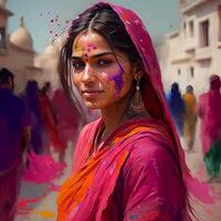 Beautiful caucasian woman in a cloud of pink dry paint, celebrating Holi festival created using photo