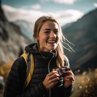 contento mujer en el puesta de sol en naturaleza en verano creado utilizando generativo ai foto