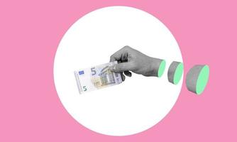 Art collage, hands with money, with five euros on a pink background. photo