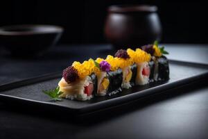 Sushi en negro antecedentes. ilustración ai generativo foto