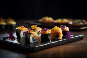 Sushi en negro antecedentes. ilustración ai generativo foto