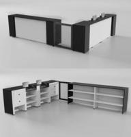 reception desk in L, 3d rendering modeling, for two places and drawers, mesh door, black and white color photo