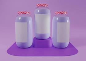 model of three glass jars in different positions on still life, liquid and purple colors, blank label for mockup, 3d rendering, bottle, lid with country texture photo