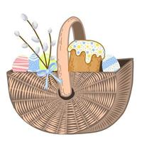 easter basket with eggs, willow branches and Easter cake vector