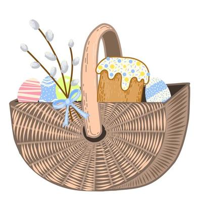 easter basket with eggs, willow branches and Easter cake