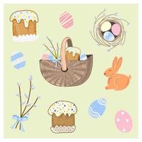 Set of elements for Easter. Easter basket, rabbit and eggs, willow branches and Easter bread vector