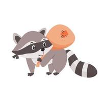 Funny character raccoon thief with bag and mask. Vector illustration isolated on white background